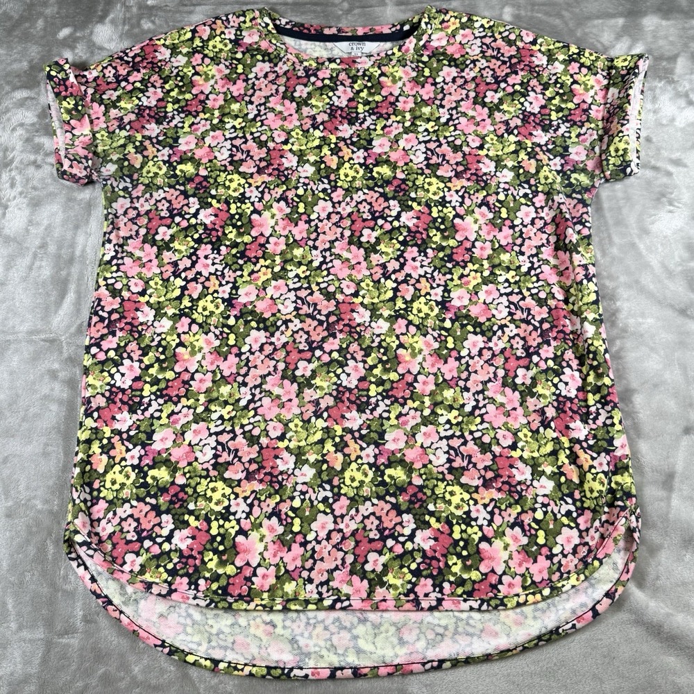 Crown & Ivy Top Women's Crew Neck Tee Cuffed Sleeve Size XS Floral